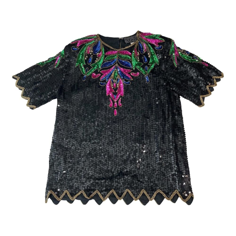 Vintage Petite Illustrations Top Womens Medium Black Silk Sequin Beaded Evening